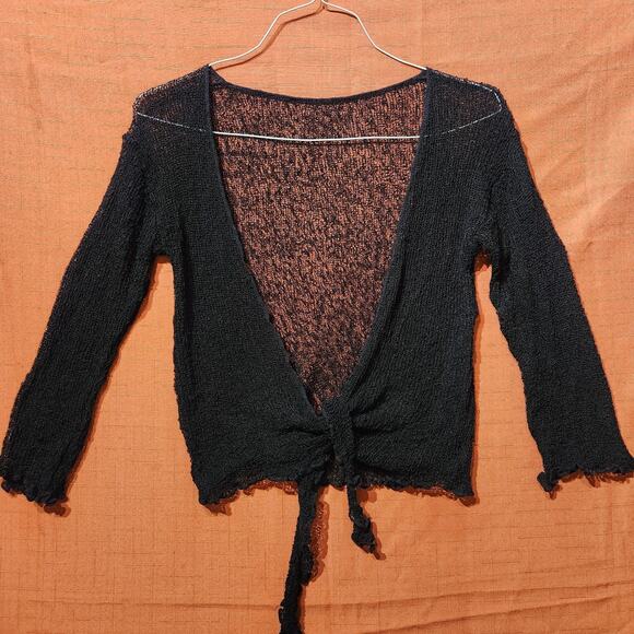 Black Sz Medium Sheer Lose Knit Tie Up Cardigan Stretch 3/4 Sleeve Light Sweater - Picture 9 of 9